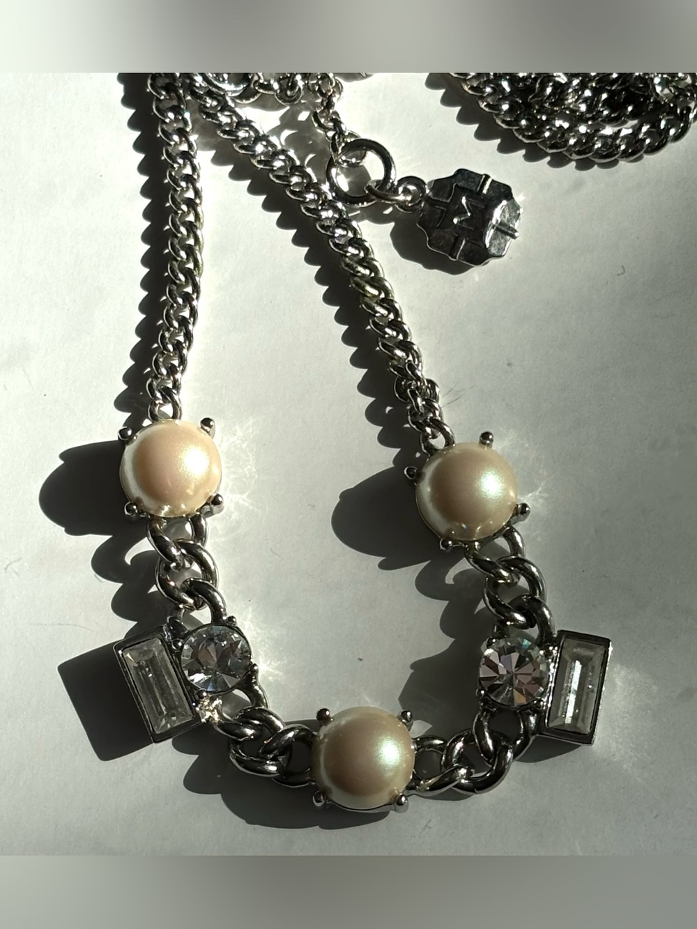 Monet Silver Tone Faux Pearl Baguette Crystal Curb Chain Collar Necklace 16"